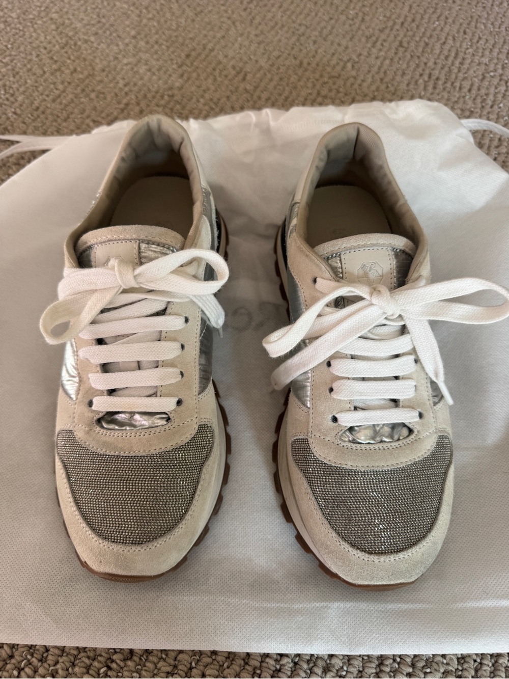 Brunello Cuinelli Women’s Neutral Beige and Silver Casual Lace-Up Sneakers S